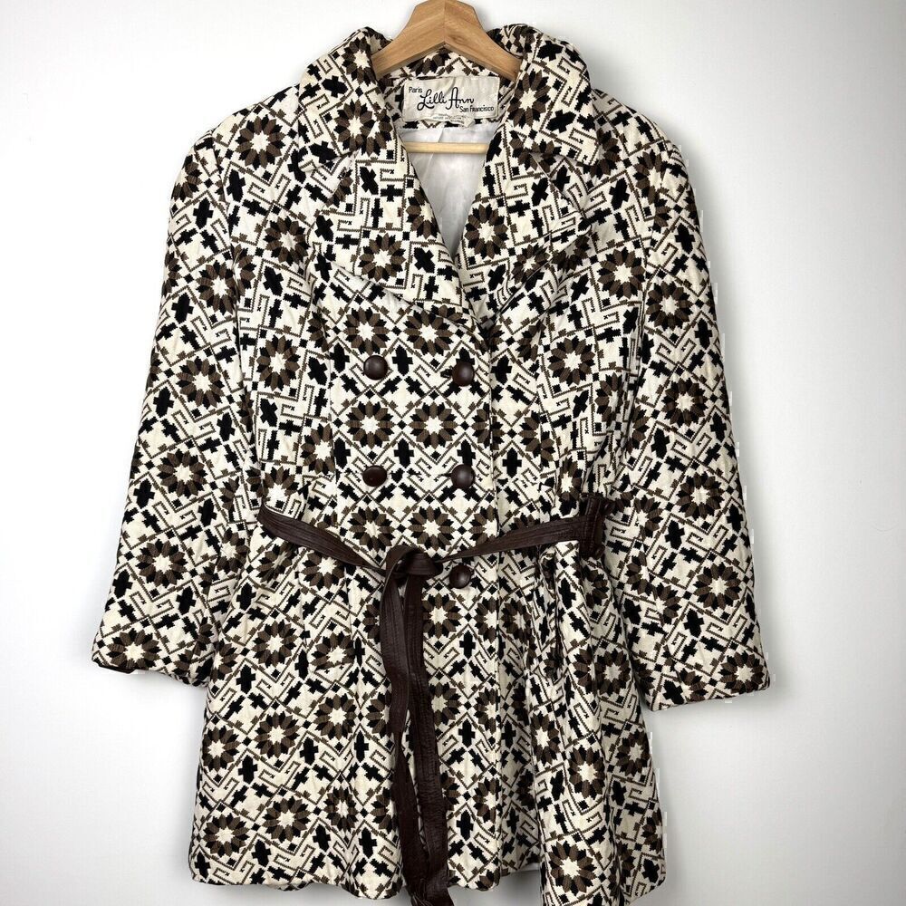 Vintage Rare 60s Lilli Ann Geometric Tapestry Leather Trim Swing Coat, Sz S